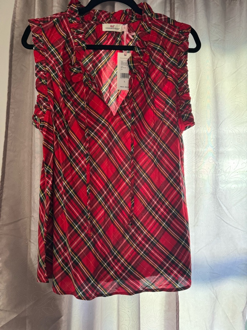 Vineyard Vines Red Plaid Ruffle V-Neck Shell